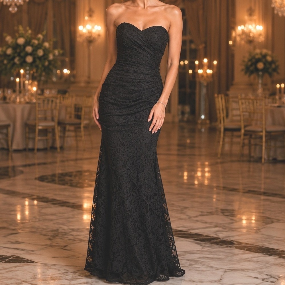 Womens Black Lace Mermaid Gown Strapless Formal Evening Dress‎ Size 4 NWOT